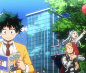 izuku, mirio and eri at the school festival